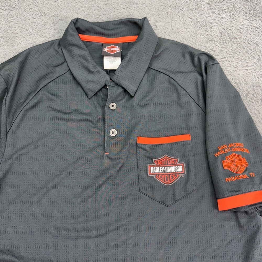 Harley-Davidson Polo Shirt Mens‎ L Grey San Jacinto Pasadena TX Embroidered Logo